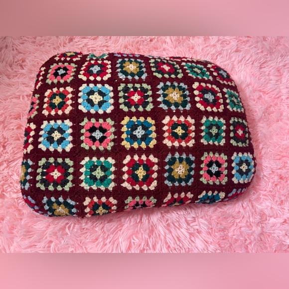 Handmade Other - Vintage Handmade Crochet Granny Square Pillow Boho Burgundy Multicolor